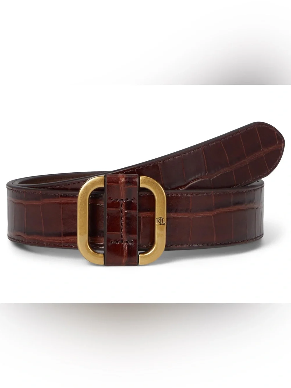 Ralph Lauren Women's Slide-Buckle Croc-Embossed Leather Belt Dark Mahogany